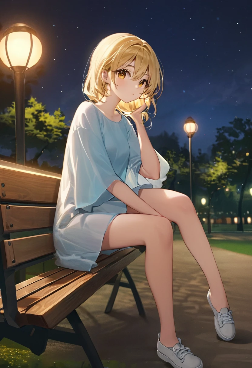 Girl, blonde hair, very short.She sits on a wooden park bench.At night