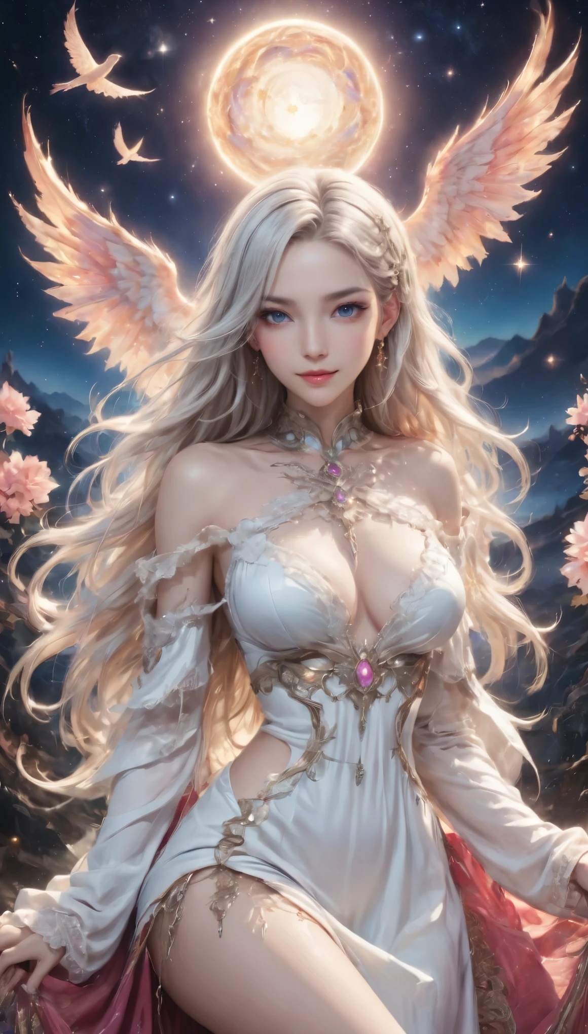8K resolution, masterpiece, Highest quality, Award-winning works, unrealistic, From above, erotic, sole sexy lady, healthy shaped body, Anatomically accurate skeleton, 22 years old, white mage, 170cm tall, huge firm bouncing busts,, white silver long wavy hair, Detailed facial depictions, Break, Mysterious blue eyes, Standard nose, Eyeliner, pink lips, sexy long legs, Clear skin, white mage, A gorgeous long walking stick in seven colors, Delicate depiction of clothing, Gothic , Gothic ruffle long dress, A dress with a complex structure, lace fabric dresses, Seven-colored colorful dress, Clothed in flames, Phoenix Crest, elegant, Very detailed, Delicate depiction of hair, miniature painting, Digital Painting, artステーション, コンセプトart, Smooth, Sharp focus, shape, artジャム、Greg Rutkowski、Alphonse Mucha、William Adolphe Bouguereau、art:Stephanie Law , Royal Jewel, nature, Symmetric, Greg Rutkowski, Charlie Bowwater, Unreal, Surreal, Dynamic Lighting, ファンタジーart, Complex colors, Colorful magic circle, flash, dynamic sexy poses, A kind smile, Mysterious Background, Aura, A gentle gaze, BREAK, Small faint lights and flying fireflies, night, lanthanum, 山の頂From above下界を見下ろす, Starry Sky, milky way, nebula, shooting star, Flowers, birds, wind and moon, (Back view, Looking back towards the camera:1.3), healing magic, A pillar of light stretching to the sky, Laser beam, Climb the stairs to heaven
