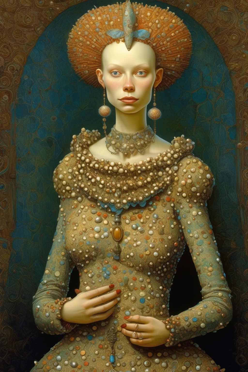 James C. Christensen Style - in the style of James Christensen, luminous, beautiful normal looking woman in a dress made of human teeth