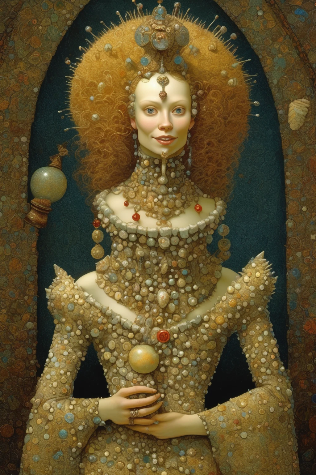 James C. Christensen Style - in the style of James Christensen, luminous, beautiful normal looking woman in a dress made of human teeth