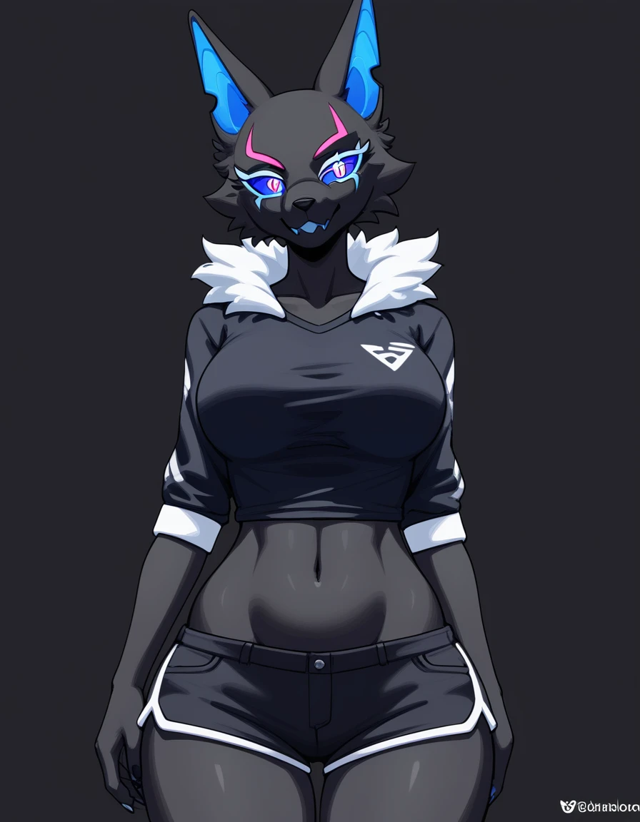 Anthro, furry female, blue inner ear, black fur, black body, blue sclera, wearing black t shirt, black short shorts, tall and curvy, grinning, simple white background, flat colors,