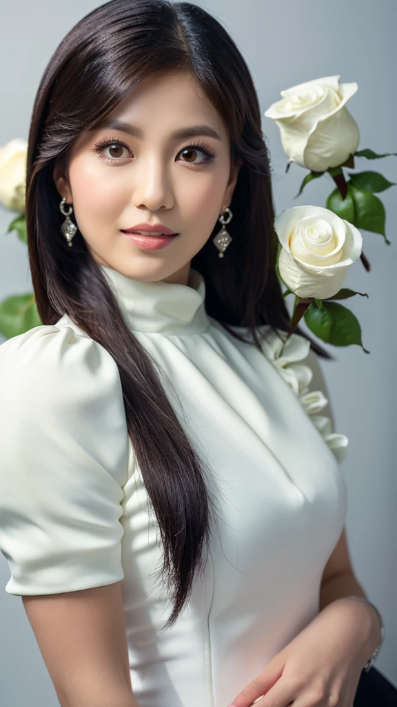 (((a white rose))),(detailed face),(crotch),normal breasts,pretty,sleeveless and turtle neck white silky clothes,4k ,super high resolution ,(photo-realistic: 1.7),white background,black long hair,