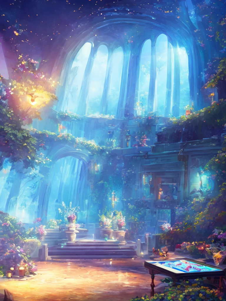 A tranquil scene unfolds in a magical lab setting: a laptop with a glowing screen rests on a desk by a large window, showcasing a serene moonlit landscape. Blue neons softly illuminate white flowers next to a tablet and PC monitor. A vocal microphone and headphones hint at creativity buzzing in the air. This anime-inspired digital painting, winning a pixiv contest, exudes a cozy, enchanting ambiance, captivating viewers with its blend of mystical realism and fairy tale allure.