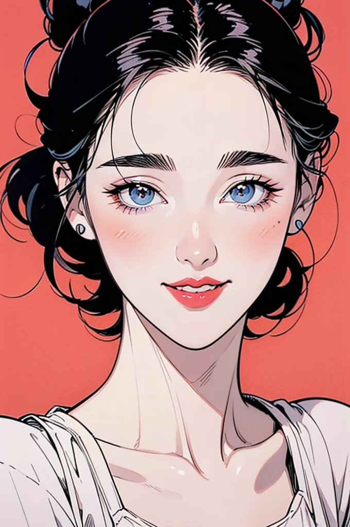 ((Manga illustration)), ((Jennifer Connelly)) close up portrait ,solo , medium short hair, looking at viewer, blush , smile , happy , red lipstick,close up portrait, solo, focus on eyes, plain background, (in vector style), ((monochrome Manga drawing))