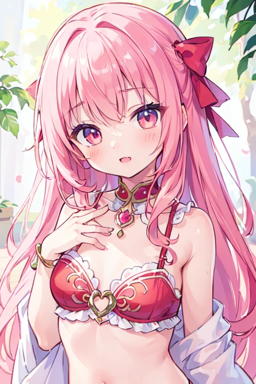 (best quality, masterpiece:1.2), ultra detailed, extremely detailed eyes and face, natural skin texture, detailed skin, natural lighting,
chibi, 1 girl, 12-years-old, (cute), pink hair, middle hair, straight hair, shiny hair, flat chest,
(wearing red bellydancer), fang, mesugaki face,
upper body,