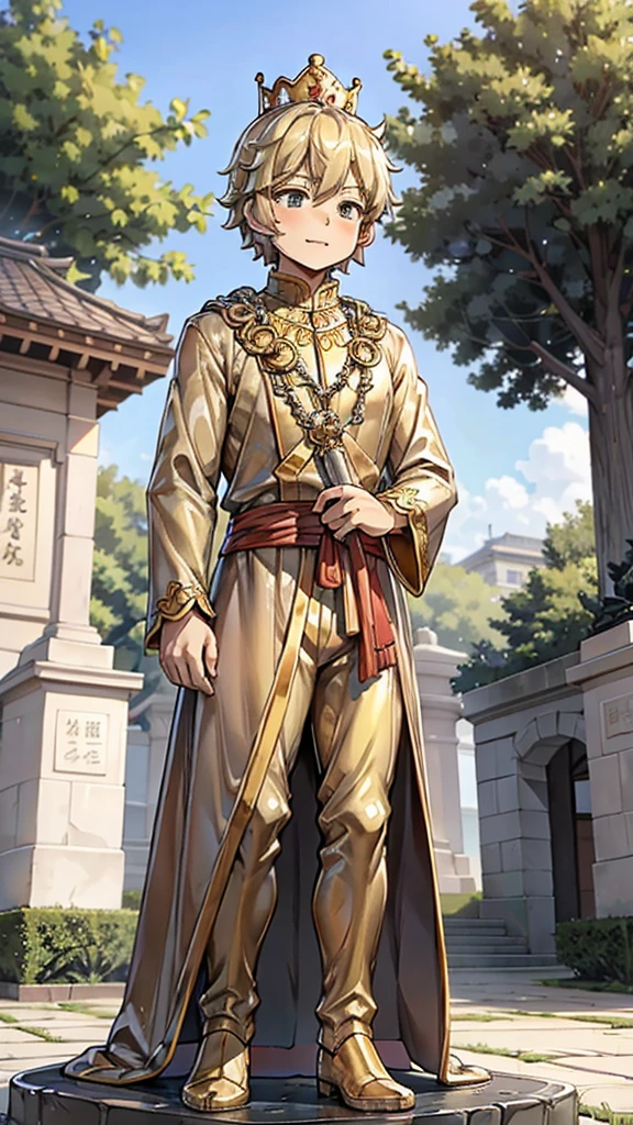 王子的黄金statue，Prince style，Prince costume，宫廷Dress，黄金statue，男孩的黄金statue，带着黄金冠冕的黄金statue，脚边停着一只燕子的黄金statue，金色男孩statue，黄金statue，Dress，Dress，西式宫廷男士Dress，Cute boy，British style，Victorian style，crown，crown，Golden Boy Sculpture，金色男孩statue，黄金statue，佩剑的黄金statue，腰带上挂着配剑的黄金statue，statue，statue，statue，巨大金色statue，巨大金色statue，Outdoor Background，微笑的statue，