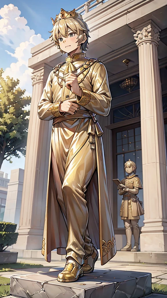 王子的黄金statue，Prince style，Prince costume，宫廷Dress，黄金statue，男孩的黄金statue，带着黄金冠冕的黄金statue，脚边停着一只燕子的黄金statue，金色男孩statue，黄金statue，Dress，Dress，西式宫廷男士Dress，Cute boy，British style，Victorian style，crown，crown，Golden Boy Sculpture，金色男孩statue，黄金statue，佩剑的黄金statue，腰带上挂着配剑的黄金statue，statue，statue，statue，巨大金色statue，巨大金色statue，Outdoor Background，微笑的statue，