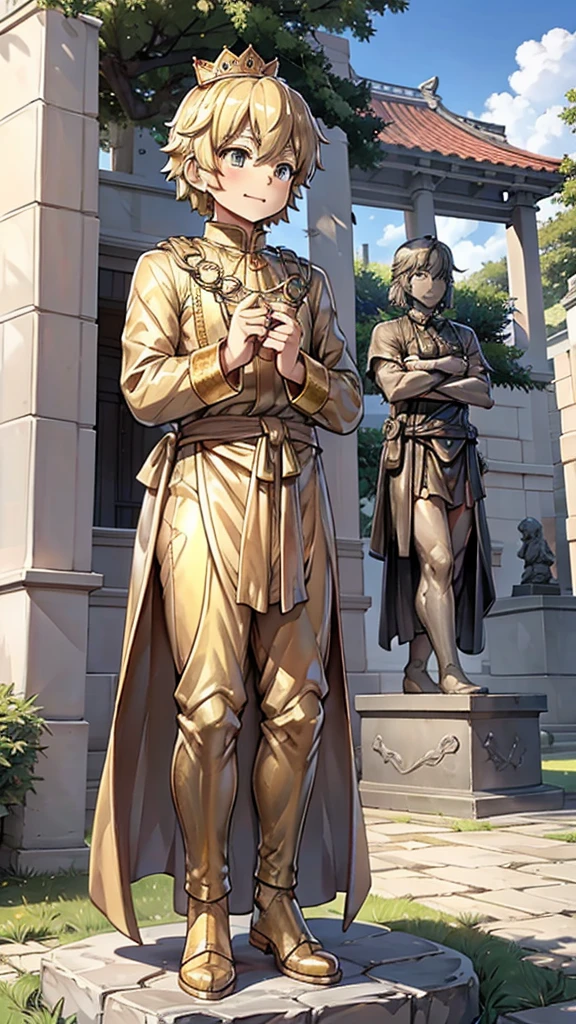 王子的黄金statue，Prince style，Prince costume，宫廷Dress，黄金statue，男孩的黄金statue，带着黄金冠冕的黄金statue，脚边停着一只燕子的黄金statue，金色男孩statue，黄金statue，Dress，Dress，西式宫廷男士Dress，Cute boy，British style，Victorian style，crown，crown，Golden Boy Sculpture，金色男孩statue，黄金statue，佩剑的黄金statue，腰带上挂着配剑的黄金statue，statue，statue，statue，巨大金色statue，巨大金色statue，Outdoor Background，微笑的statue，