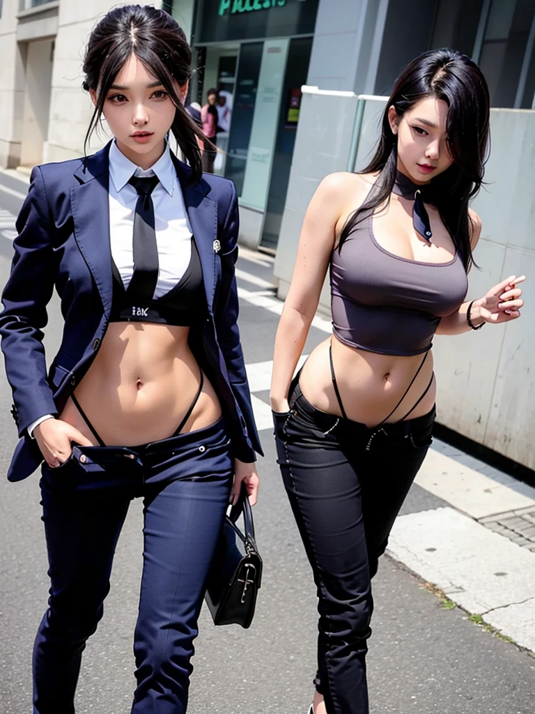 Women in Professional crop top, suit, pants, walking to work, show belly, realistic bellybutton shape, necktie, 