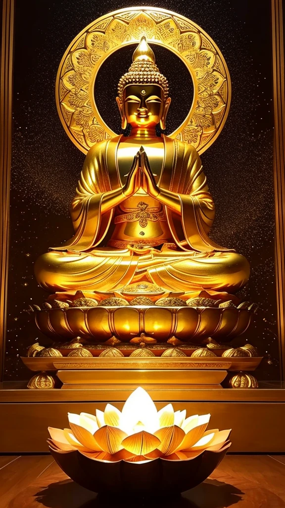 A beautifully realistic golden statue of Amitabha Buddha is placed in the center.。The statue of Amida Buddha has a calm expression.、The right hand is in the Fearless Mudra.（Shimuin）、The left hand is the prayer mudra.（Healthy eating）I am posing for。The statue has intricately carved details、You can see the delicate decorations。

The background is shiny gold、Radial light spreads from the center、It creates a sacred atmosphere。The background is decorated with intricate patterns and ornaments.、Gives a majestic impression。

In front of the Amida Buddha statue、A large open golden lotus flower is blooming。Lotus flower petals are drawn in detail、Shiny、It is realistically depicted。In the center of the lotus flower、The golden light shines softly。

as a whole、The image is filled with a mysterious and solemn atmosphere.、It has a visually stunning beauty.