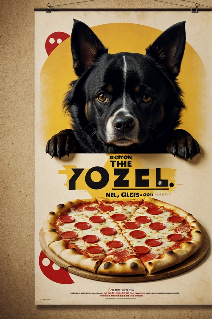 Pizza type poster, medium dog, soft fur, long drooping ears, Golden colour, big black eyes