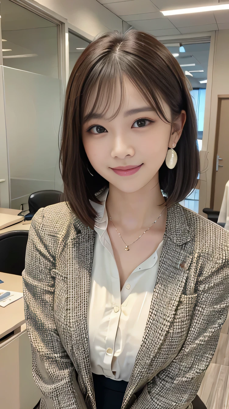 Highest quality:1.2), RAW Photos, High resolution, Very detailed, Intricate details,、Brown Hair、hairstyle semi long、ear piercing、smile、Emphasis on teeth、, (Front view, ), Clear beauty, Necklace around the neck、,, (High quality fabric, Office Lady Suits、Jacket、Unbuttoned white shirt） 、Detailed face, indoor,
