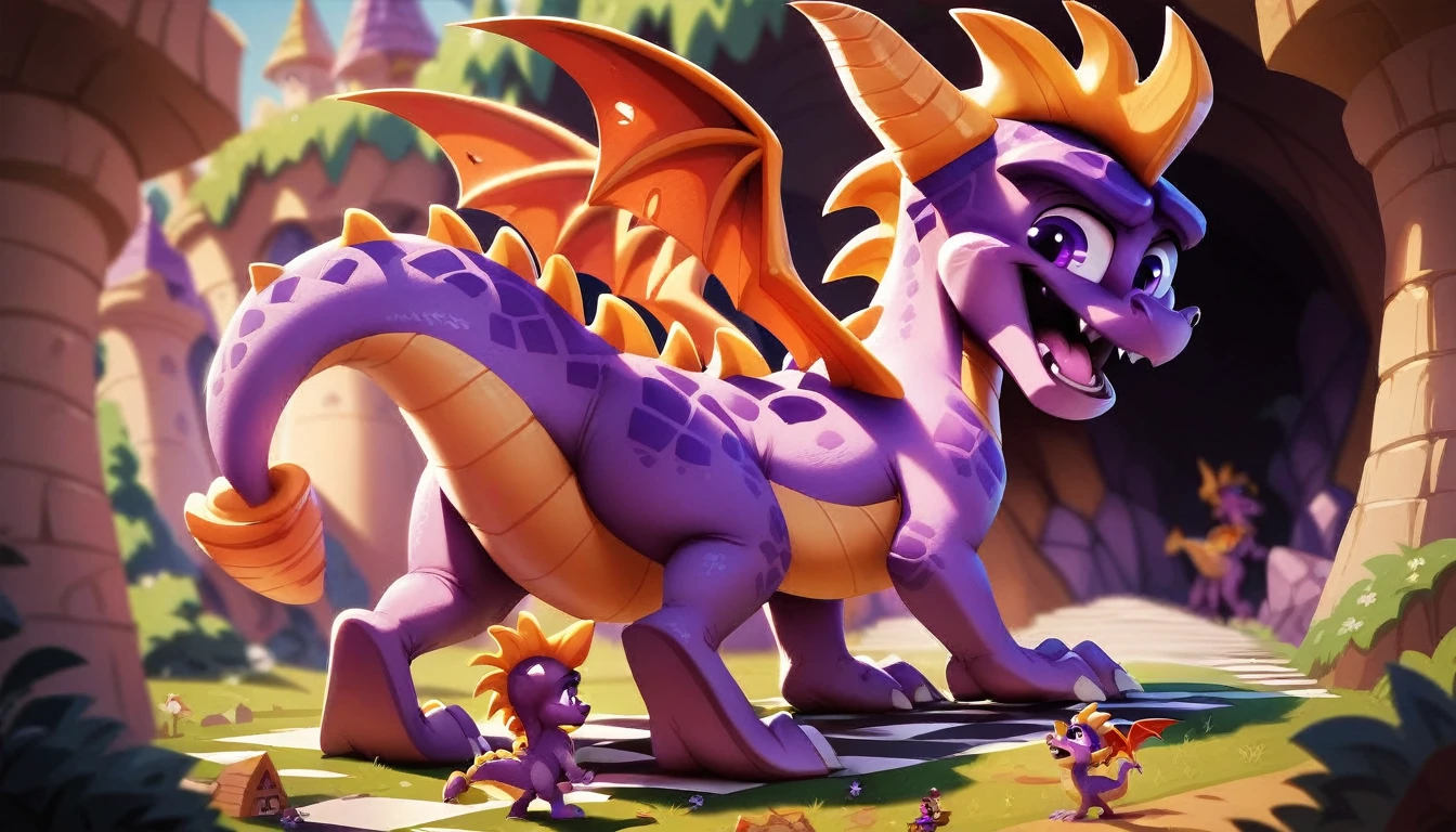Spyro, macro, open mouth, full body, fang, no humans, standing, purple eyes, checkered floor, back, ((thick tail bottom)), vore