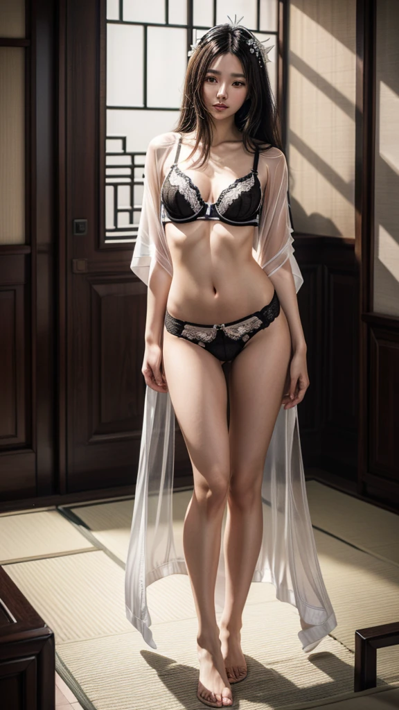 Best Quality, masterpiece, high resolution, (Photorealistic:1.4), Raw photo, 1 gorgeous chinese woman, ((Beauty in white transparent silk kimono)), laced hald cup bra, panties thong laced, ((black bra, black panties)), Looking at Viewer, in apartment, medium long black blonde hair, half blonde, Hair Ornament,Beautiful photos,is beautiful,fullbody image,