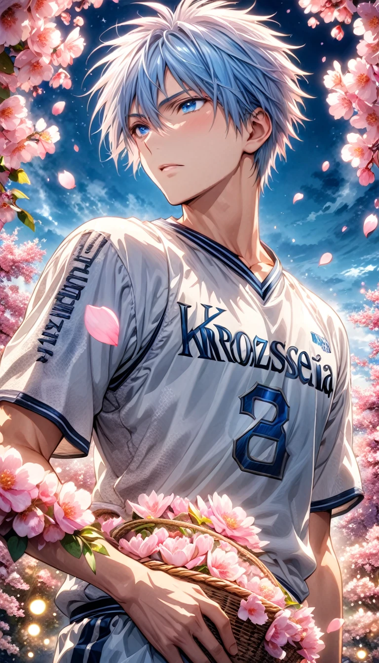 Ultra detailed, highres, absurdres, HDR, master piece, Kuroko Tetsuya, light blue hair, expressive light blue eyes, Kuroko No Basket, fantasy, pink petals, pink flowers, handsome, sexy man, solo, best quality, blossoms, blue shining fireflies, white basketball clothes, the word "Krozseria" is written on his shirt