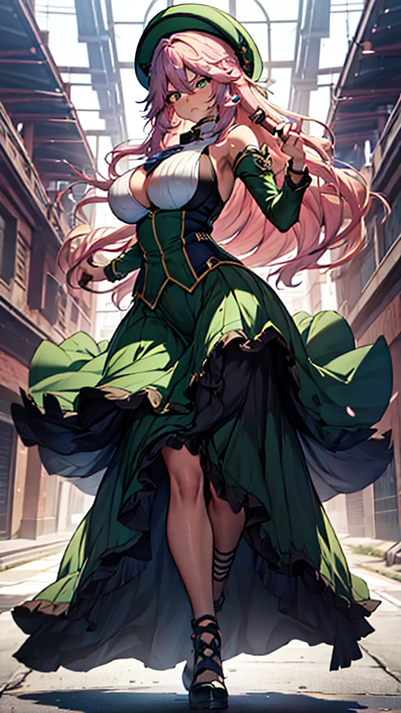 (high detailed)) 27 yo's woman, light cyan hair, Green mini beret, green Pandora's clothes,big And round breasts, gorgeous thicc plump body,angry expression,furious eyes,Green satellizer's outfit,Very long skirt, holding handblade, dynamic pose, action position, perfect anatomy