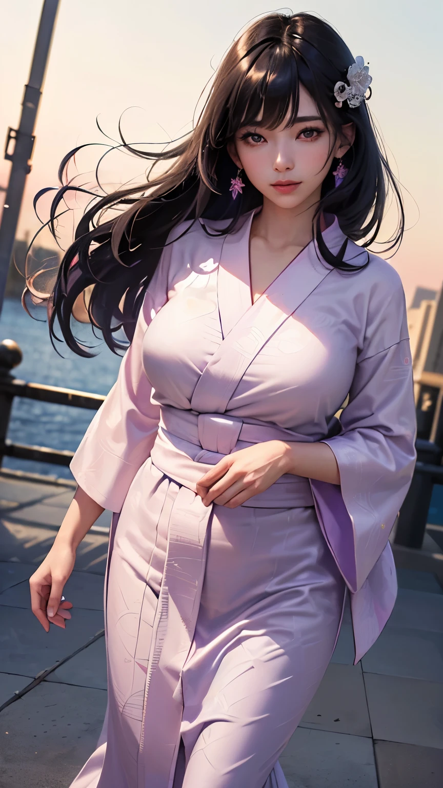 (logo、masterpiece、8K、Tabletop、RAW Photos、wonderful、最high quality、フォトリアリスティックでVery detailedな CG 複合 8K 壁紙、high quality、Very detailed、Narrative poem、Particle Effects、Dynamic Effects、Depth of the Boundary、Cinematic Light、Lens flare、Ray Tracing)、 (One beautiful woman wearing a yukata、White yukata、Light purple pattern)、Black-haired、High definition skin、Very fine、Fine skin texture、Beautiful Face、True Face、Beautiful details in the eyes、Realistic eyes、Beautifully detailed eyes、Realistic Skin、Beautiful Skin、Surreal、Smiling Eyes、Hair and light eyes、vivid、Colorful lights and bokeh、plump lower lip、Pink Lips、Hair flutters in Wind、Hair bounces、wonderful景色、night、evening、Wind、moonlight、moonlight、light
