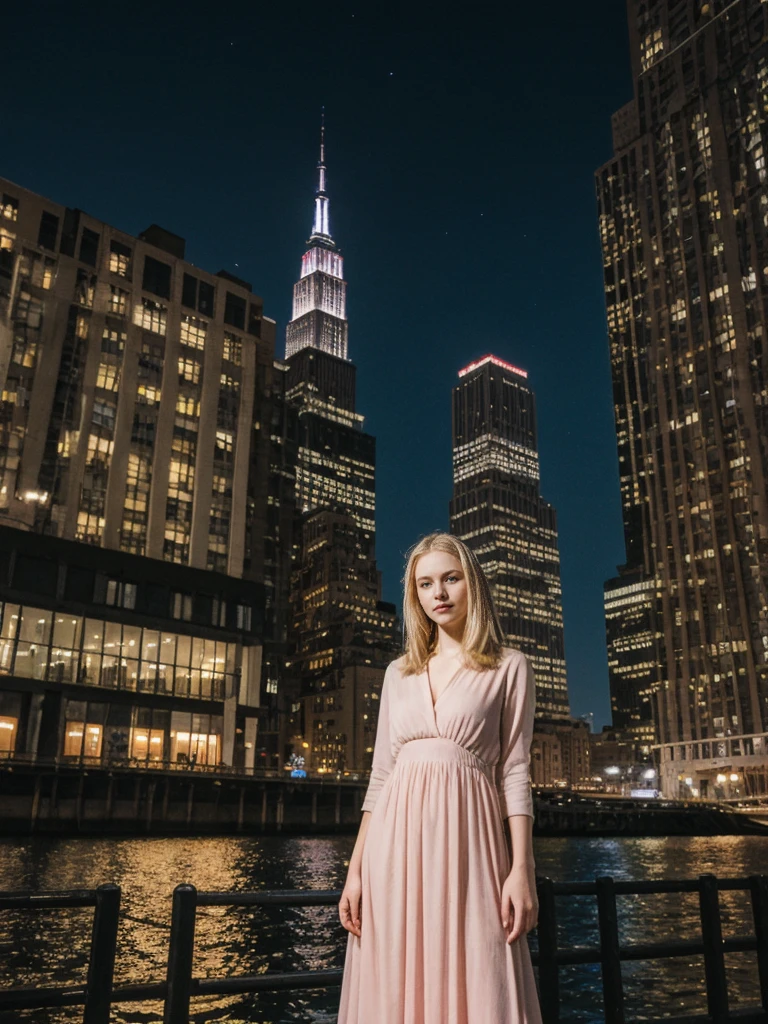 her name is Marie, high quality, 1girl, ((20-year-old fit Caucasian woman)), ((20 years old)), ((fit)), ((pale skin tone)), medium length straight blonde hair , wearing Pastel Pink Tie-Dye Maxi Dress, pose: standing, background:Describe the iconic New York City skyline at night, with the shimmering lights of skyscrapers reflecting off the Hudson River and the Empire State Building standing tall against the starry sky