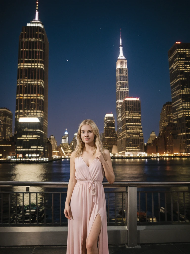 her name is Marie, high quality, 1girl, ((20-year-old fit Caucasian woman)), ((20 years old)), ((fit)), ((pale skin tone)), medium length straight blonde hair , wearing Pastel Pink Tie-Dye Maxi Dress, pose: standing, background:Describe the iconic New York City skyline at night, with the shimmering lights of skyscrapers reflecting off the Hudson River and the Empire State Building standing tall against the starry sky