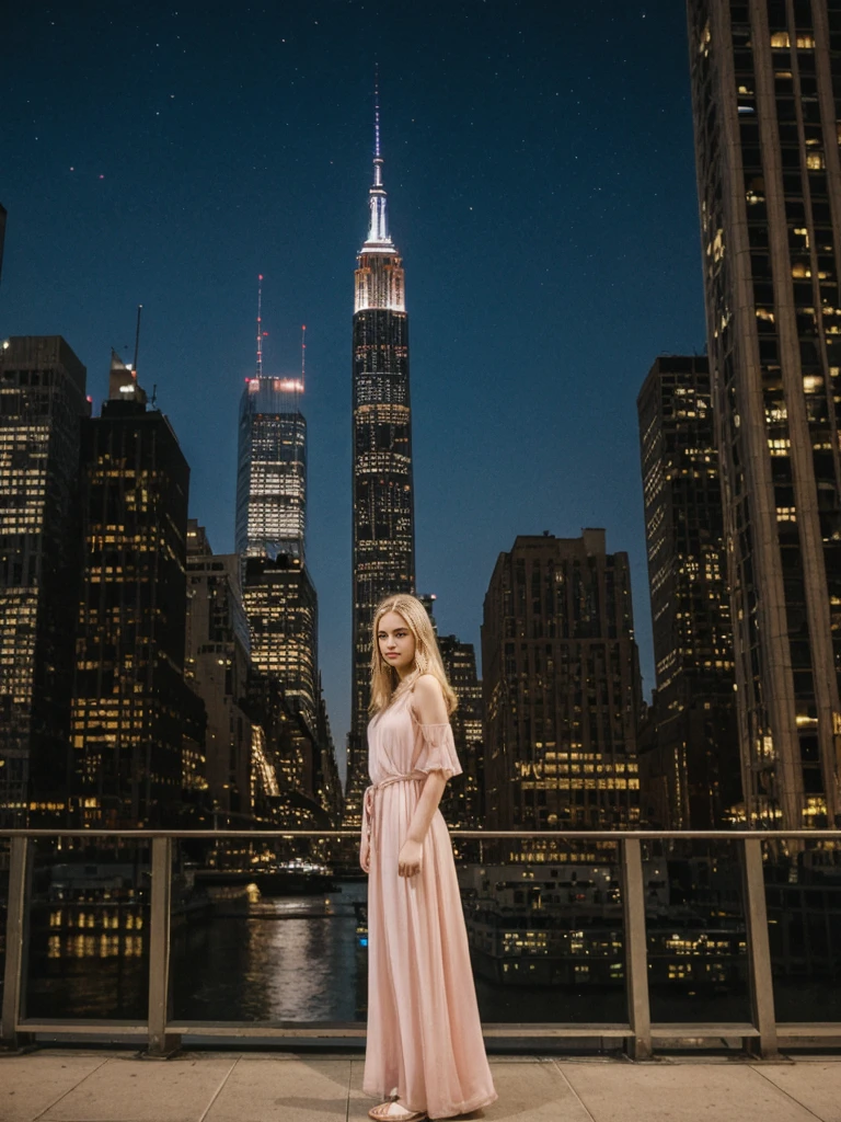 her name is Marie, high quality, 1girl, ((20-year-old fit Caucasian woman)), ((20 years old)), ((fit)), ((pale skin tone)), medium length straight blonde hair , wearing Pastel Pink Tie-Dye Maxi Dress, pose: standing, background:Describe the iconic New York City skyline at night, with the shimmering lights of skyscrapers reflecting off the Hudson River and the Empire State Building standing tall against the starry sky