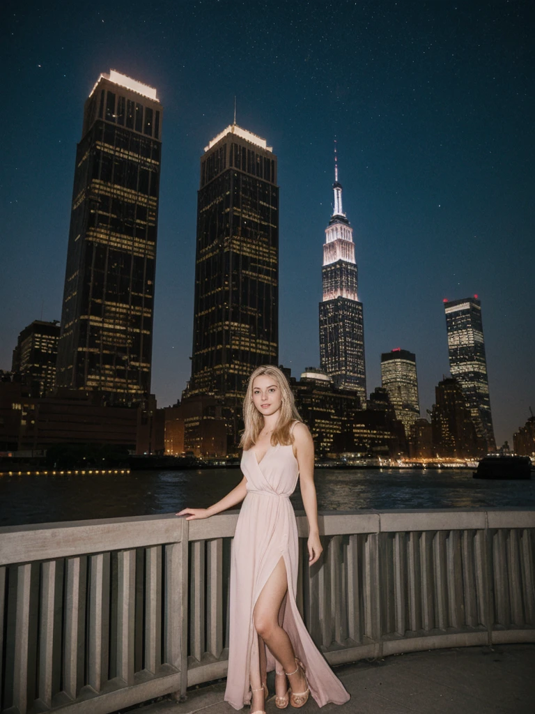her name is Marie, high quality, 1girl, ((20-year-old fit Caucasian woman)), ((20 years old)), ((fit)), ((pale skin tone)), medium length straight blonde hair , wearing Pastel Pink Tie-Dye Maxi Dress, pose: standing, background:Describe the iconic New York City skyline at night, with the shimmering lights of skyscrapers reflecting off the Hudson River and the Empire State Building standing tall against the starry sky