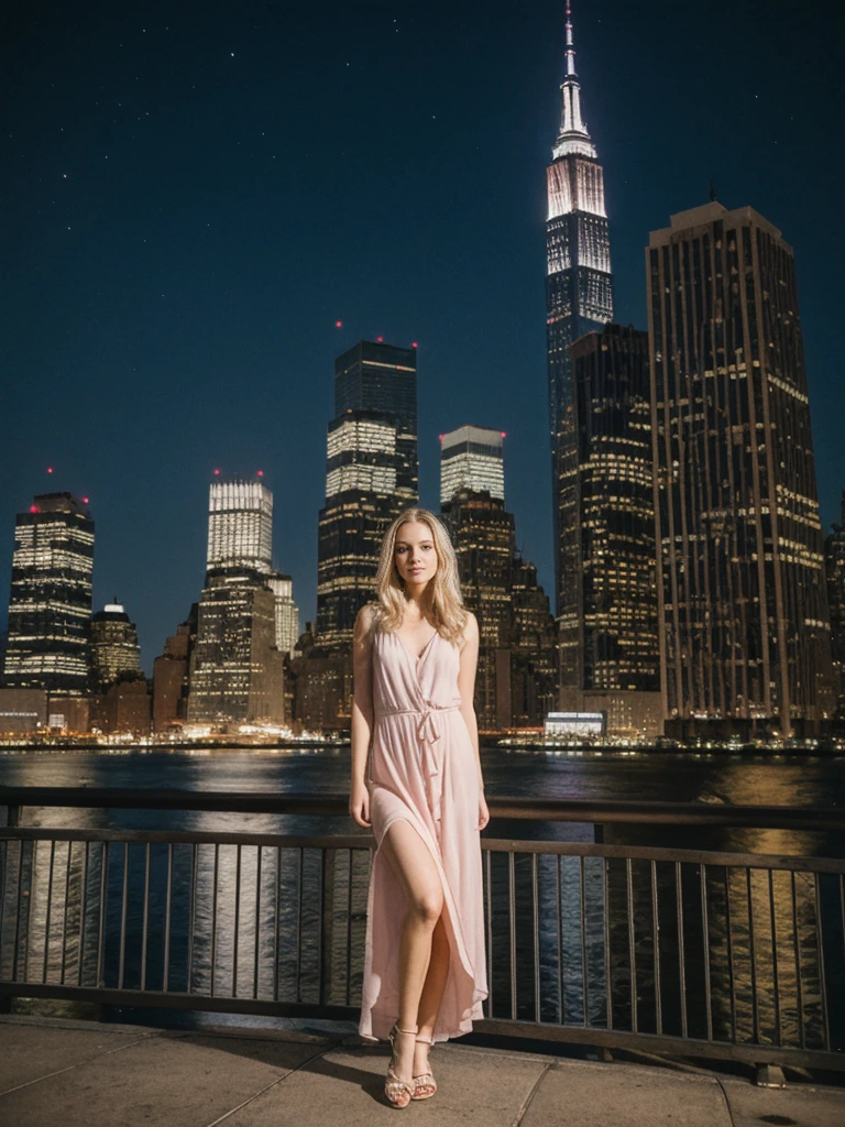 her name is Marie, high quality, 1girl, ((20-year-old fit Caucasian woman)), ((20 years old)), ((fit)), ((pale skin tone)), medium length straight blonde hair , wearing Pastel Pink Tie-Dye Maxi Dress, pose: standing, background:Describe the iconic New York City skyline at night, with the shimmering lights of skyscrapers reflecting off the Hudson River and the Empire State Building standing tall against the starry sky