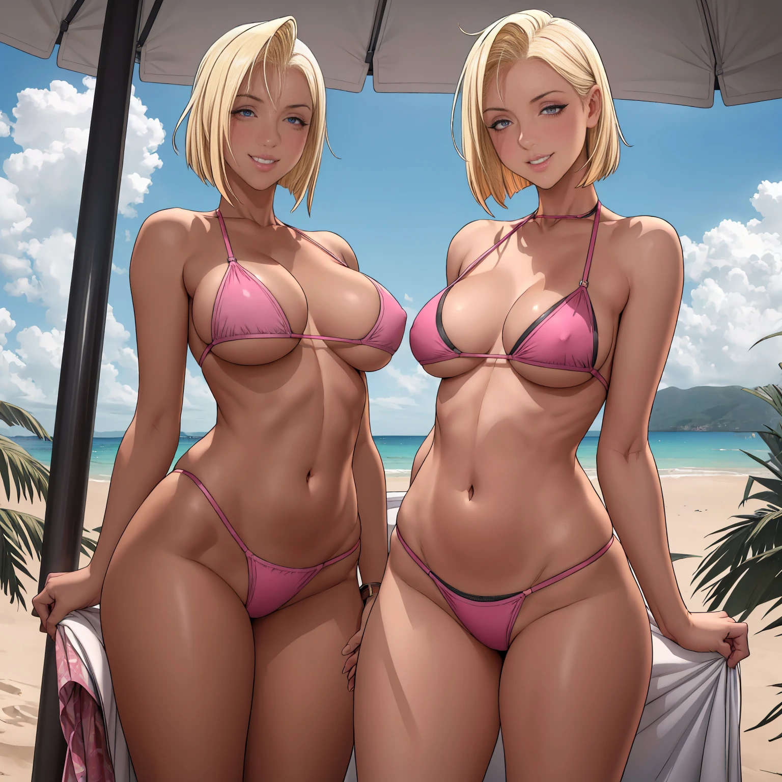 fwhani,, ((short blonde hair, glowing pink eyes, makeup, narrow waist, skinny, medium breasts, brown skin)), pelvic curtain, ((yelloow bikini)), full body, perfect body, (insanely detailed, beautiful detailed face, masterpiece, best quality) , (((solo))), (((1girl))), (((mature))), (extremely detailed 8k paper CG wall unit: 1.1), (beach, sunnyday, sand), (smile face for the viewer), eropose, behind, underbutt, below