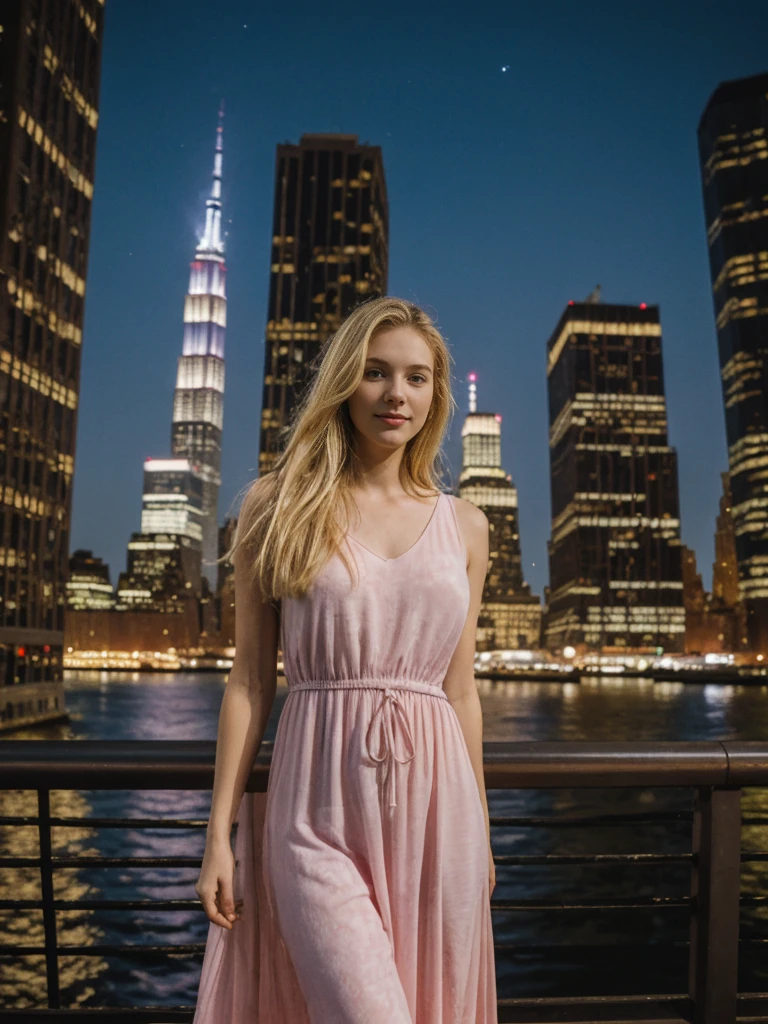her name is Marie, high quality, 1girl, ((20-year-old fit Caucasian woman)), ((20 years old)), ((fit)), ((pale skin tone)), medium length straight blonde hair , wearing Pastel Pink Tie-Dye Maxi Dress, pose: standing, background:Describe the iconic New York City skyline at night, with the shimmering lights of skyscrapers reflecting off the Hudson River and the Empire State Building standing tall against the starry sky