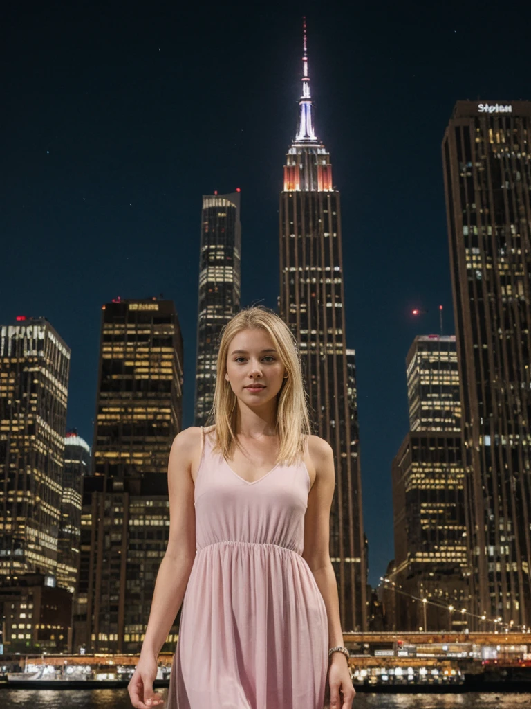 her name is Marie, high quality, 1girl, ((20-year-old fit Caucasian woman)), ((20 years old)), ((fit)), ((pale skin tone)), medium length straight blonde hair , wearing Pastel Pink Tie-Dye Maxi Dress, pose: standing, background:Describe the iconic New York City skyline at night, with the shimmering lights of skyscrapers reflecting off the Hudson River and the Empire State Building standing tall against the starry sky