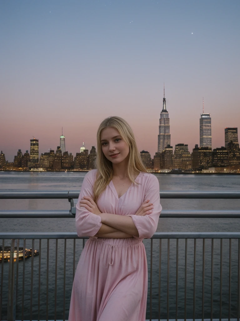 her name is Marie, high quality, 1girl, ((20-year-old fit Caucasian woman)), ((20 years old)), ((fit)), ((pale skin tone)), medium length straight blonde hair , wearing Pastel Pink Tie-Dye Maxi Dress, pose: standing, background:Describe the iconic New York City skyline at night, with the shimmering lights of skyscrapers reflecting off the Hudson River and the Empire State Building standing tall against the starry sky