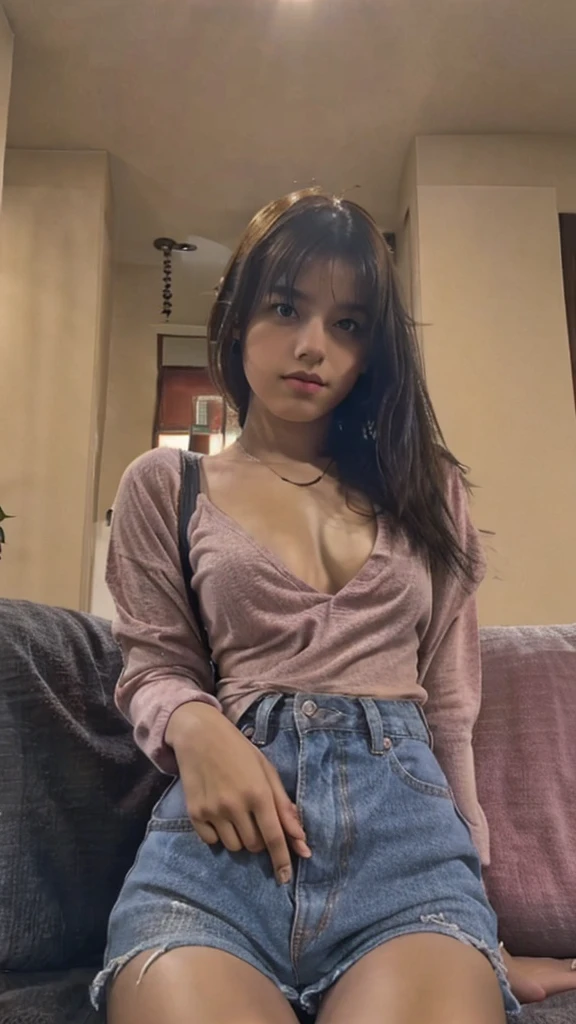 A submissive ager looking submissively in the eyes and wearing cute and somewhat low-cut clothes, en el sofa de la sala