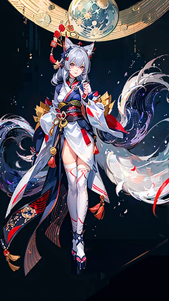 Kitsune girl,hime cut,silver eyes,gold darkblue and red tones japanese cloth, geisha dress theme sun&moon , traditional japanese , long white hair,silver fox ears, have kitsune tail, beautiful woman, silver eyes, elegant, young adult beautiful,night , starry night,sexy eyes,flirting,smile, erotic,nude, royal charm