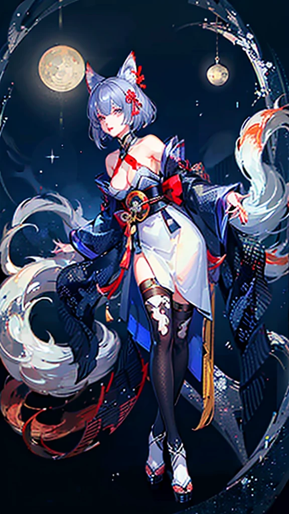 Kitsune girl,hime cut,silver eyes,gold darkblue and red tones japanese cloth, geisha dress theme sun&moon , traditional japanese , long white hair,silver fox ears, have kitsune tail, beautiful woman, silver eyes, elegant, young adult beautiful,night , starry night,sexy eyes,flirting,smile, erotic,nude, royal charm