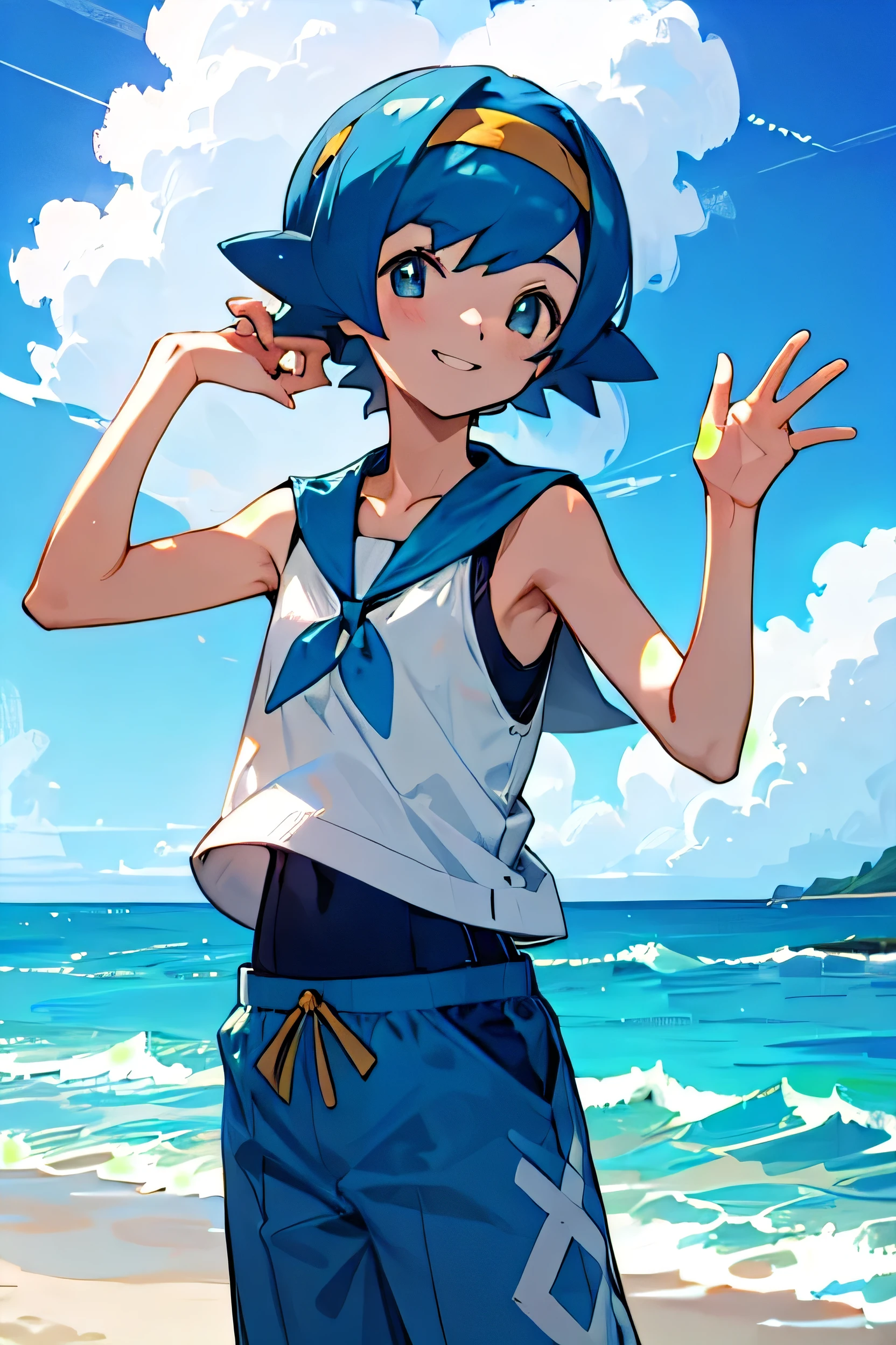 masterpiece、Highest quality、pkmnLana、White student、head band、Blue sailor collar、sleeveless white shirt、swimsuit under clothes、Blue pants、Cowboy Shots、smile、Beach、blue sky、cloud、Look at the viewer、Wave your hand、smile