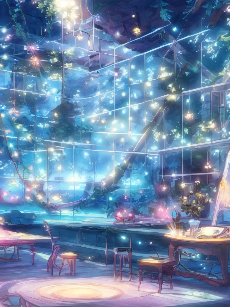 In a magical lab bathed in moonlight, a laptop's glowing screen reveals a serene landscape beyond a large window. Soft blue neons illuminate white flowers by a tablet and PC, hinting at a creative aura. A vocal microphone and headphones add to the enchanting ambiance. This anime-inspired digital painting, winner of a pixiv contest, captivates with its mystical realism and fairy tale allure, drawing viewers into a cozy, imaginative world of creativity and tranquility.
