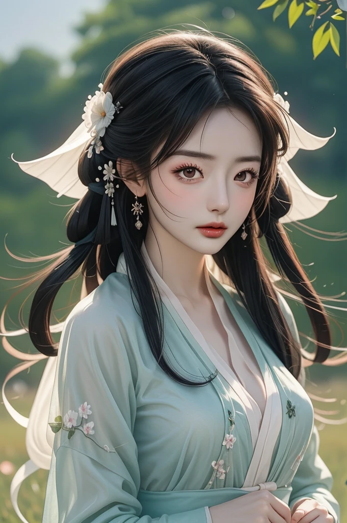 Not suitable for working hours, zhongfenghua, 1 Girl, Solitary, Hanfu, ancient_Chinese_architecture, Flower Field, flowering, (White smoke:1.3) (Reality:1.4), ztwist, Mandala, twist, Official Art, Unity 8K wallpaper, Extremely detailed, beautiful and aesthetic, masterpiece,best quality, (Dynamic Angle:1.4), Radiant Skin, (Colorful sparks float:1) Full body image，Slender legs