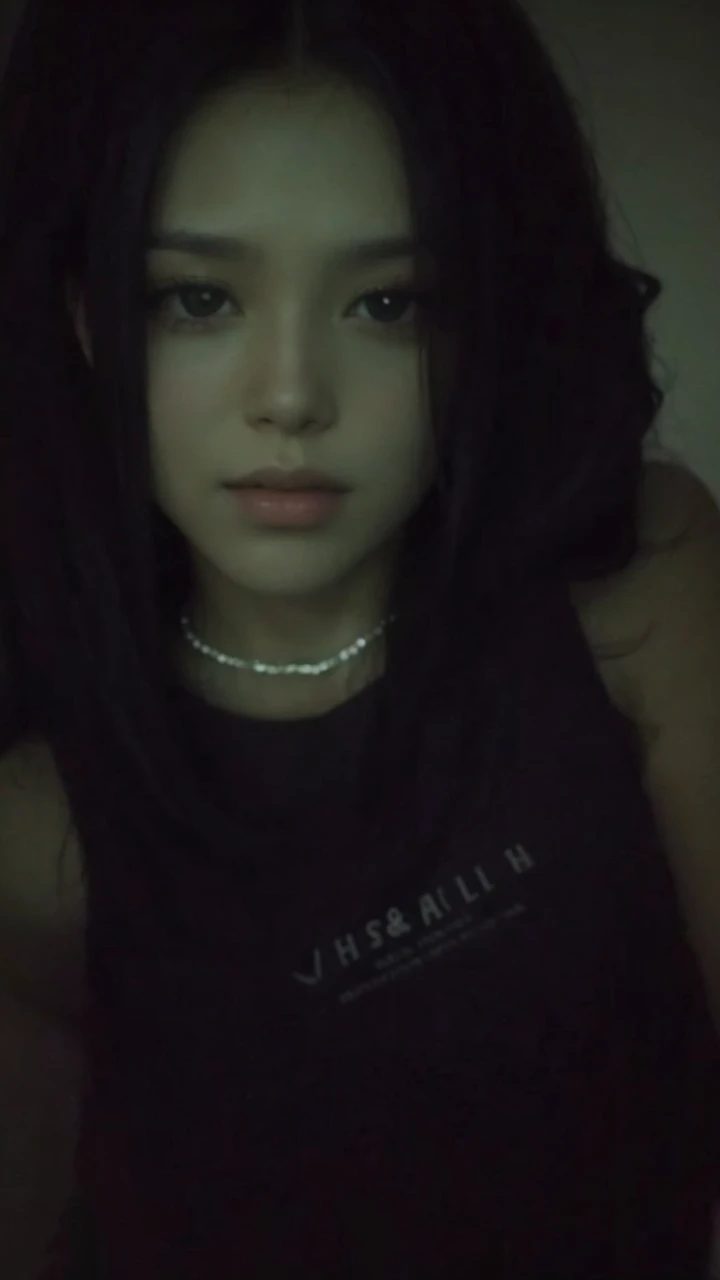change your hair for long black straight hair with bangs on your forehead, don't change your face