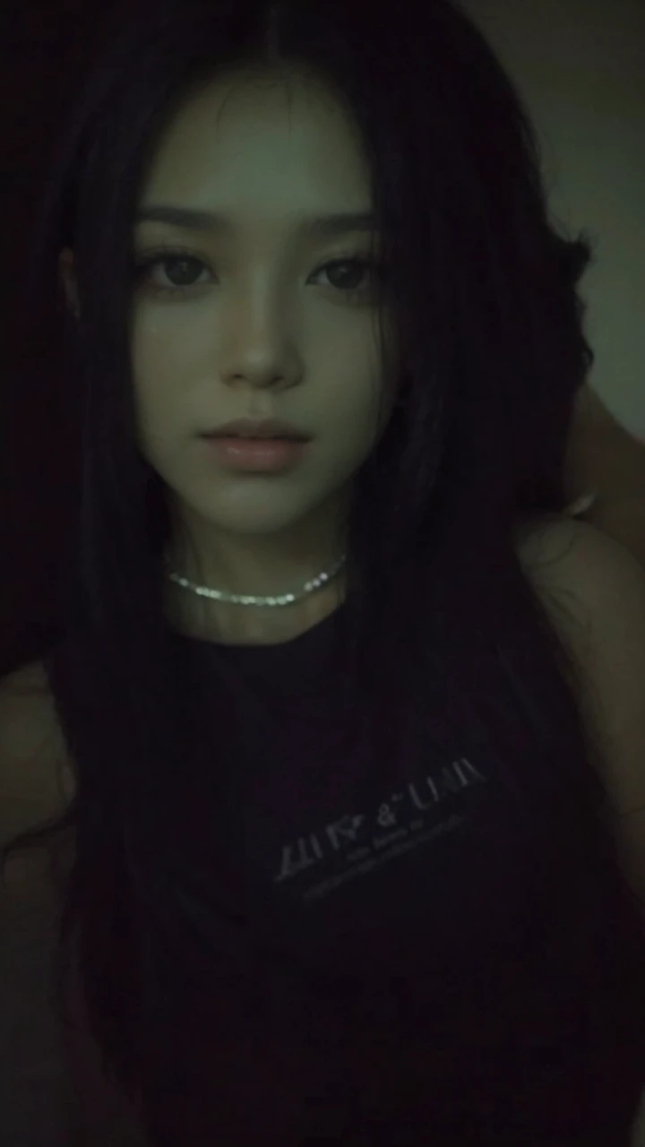 change your hair for long black straight hair with bangs on your forehead, don't change your face