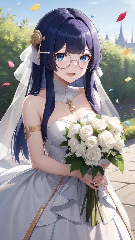 masterpiece, best quality, highres, aapela, long hair, hair ornament, glasses, wedding dress, white dress, strapless, smile, open mouth, garden, holding bouquet, confetti,