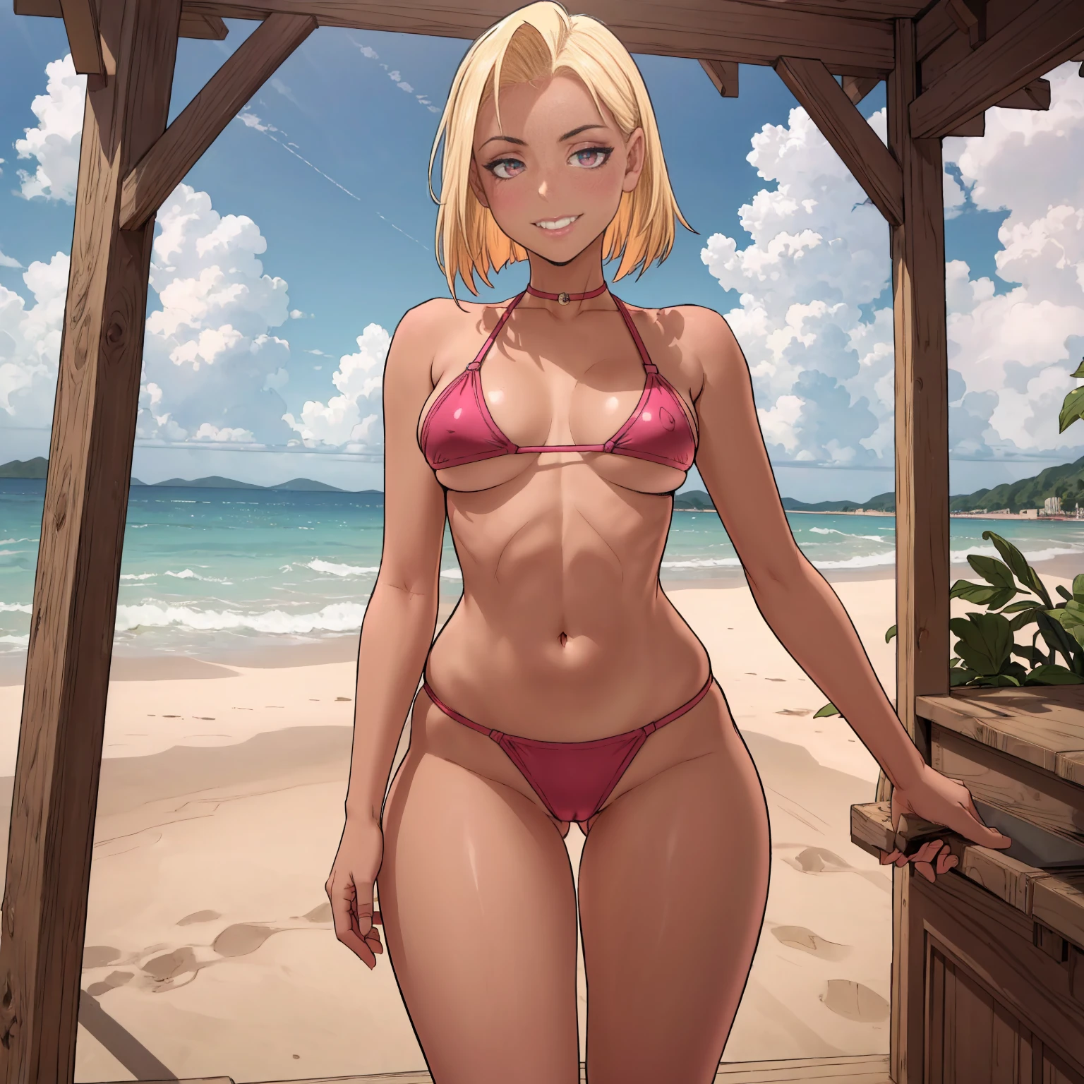 fwhani, ((short blonde hair, glowing pink eyes, makeup, narrow waist, skinny, medium breasts, brown skin)), pelvic curtain, ((yelloow bikini)), full body, perfect body, (insanely detailed, beautiful detailed face, masterpiece, best quality) , (((solo))), (((1girl))), (((mature))), (extremely detailed 8k paper CG wall unit: 1.1), (beach, sunnyday, sand), (smile face for the viewer), eropose, behind, underbutt, below