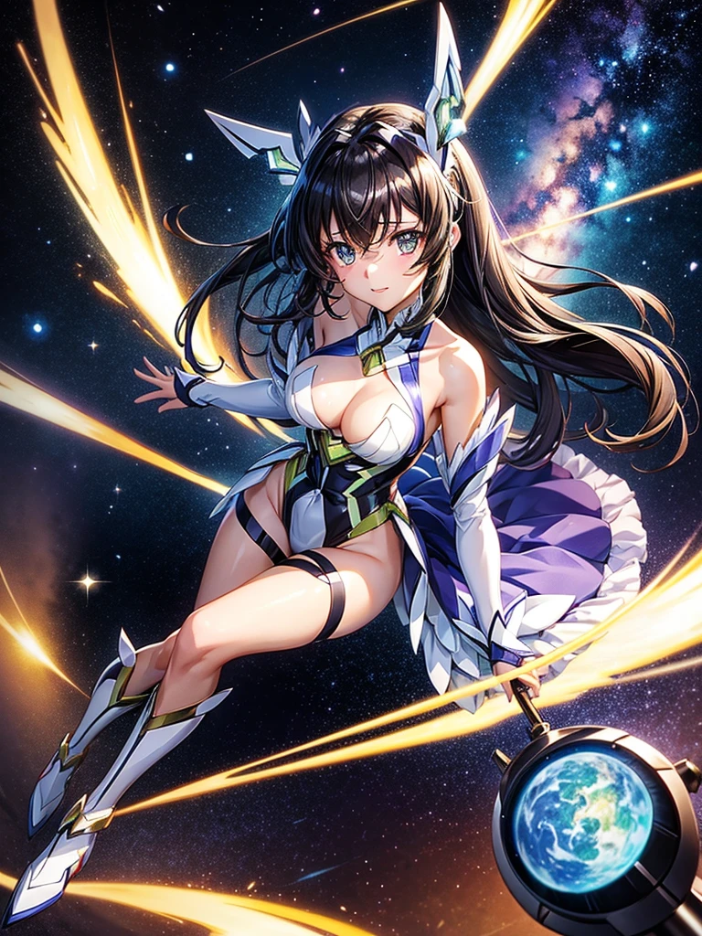 Highest quality,Highest Resolution,A beautiful girl in a metallic high-leg outfit, like Tsubasa Kazanari from Symphogear,Earth Behind,universe,Milky Way,Black Hair,