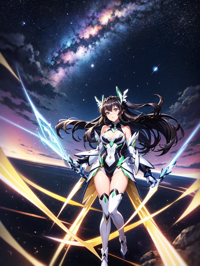Highest quality,Highest Resolution,A beautiful girl in a metallic high-leg outfit, like Tsubasa Kazanari from Symphogear,Earth Behind,universe,Milky Way,Black Hair,Sword１I have it in my hand,