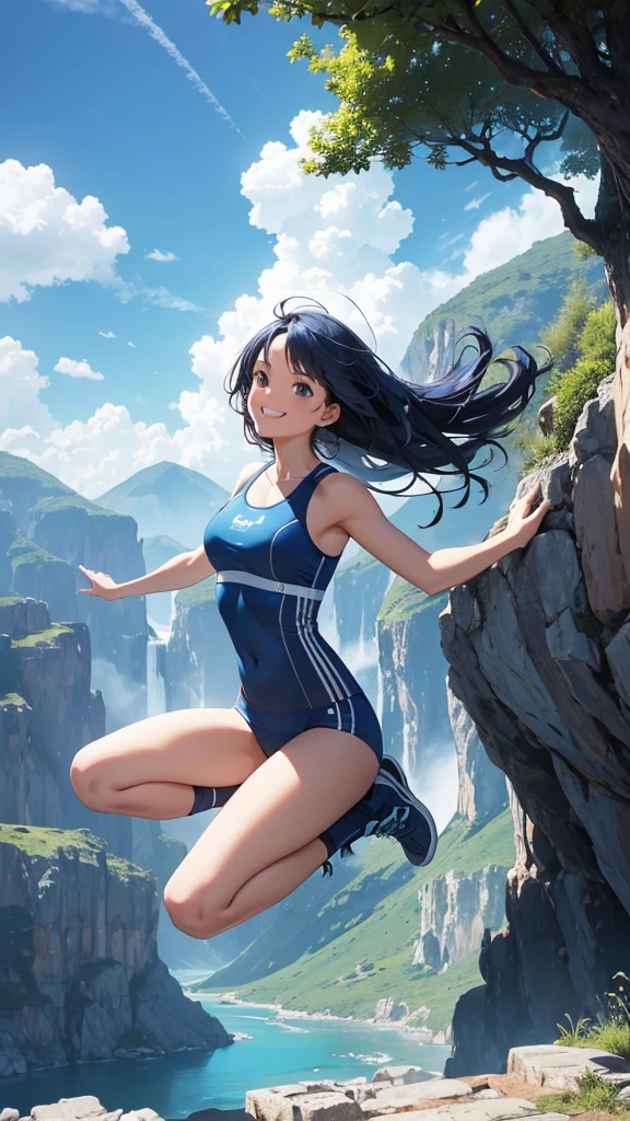 ({{high resolution,}},Masterpiece,ultra detailed,Best Quality,8k)cloud, sky, scenery, day, Blue_sky, mountain, cloudy_sky, outdoor, waterfall, Fancy, horizon, cliff, rock, water, landscape, mountainous_horizon, ocean, tree, River, floating_The same, beautiful woman, whole body, multicolor sportswear, dark blue hair, long hair, two arms, two legs, JUMPING, smiling.