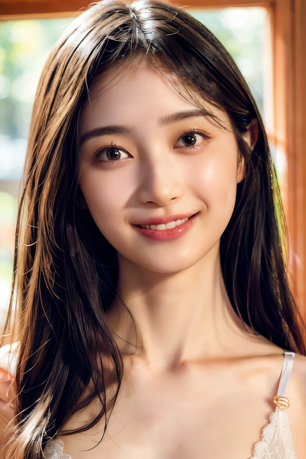 (realistic, photo-realistic:1.4), (best quality,masterpiece:1.2), RAW photo,high resolution,intricate details, extremely detailed, insanely detailed, soft light, cinematic lighting, (portrait, upper body, frontal photography:1.5), solo,1girl, a 19yo female idol, (lace bra, panties, collarbone, navel:1.8), (smaller breasts, tiny breasts, flat chest, poor size bust:1.7), (smaller face:1.4),detailed face, beautiful detailed eyes, beautiful nose, pale skin, fine-textured skin,dark hair,(straight hair, forehead:1.3), (cheerful grin, smile, parted lips), photo background,indoors,depth of field,,[Nagi Inoue, Nogizaka46 5th generation],