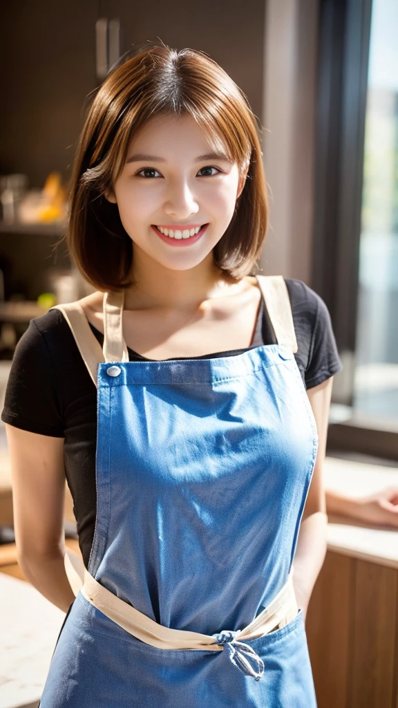 (A naked woman wearing an apron:1.3)、solo、One Woman、Very cute Japan woman、22-year-old woman、Standing in the kitchen、A refreshing smile、Perfect proportions、C cup bust、Medium breast、Thin arms、Slim figure、Detailed face、Beautiful eyes、Detailed eyes、Narrow Face、((masterpiece、Highest quality、high resolution、High definition、High resolution、8K:1.3))、Blue and white apron、Emphasize the chest、In the dining kitchen、Kitchen with spices and cooking utensils、Lifelike skin texture、Ultra-realistic、Realistic photo、(Clear photos、RAW Photos、Professionally taken photos:1.1)、Bright lighting、nice smile、Good look、Short Hair、Light Brown Hair、Simple Necklace