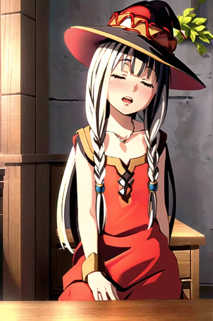 ((masterpiece)), (best quality), (ultra-detailed), photorealistic, (best illustration), ((an extremely delicate and beautiful)), 1girl, solo, long hair, tiger ears, white hair, two-tone hair, facing viewer, barefoot, megumin clothes, witch hat, megumin hat, closed eyes, short sleeves, indoors, low twin braids, twin braids, hair ornament, blush, head tilt, upper teeth, flat chest, young, aged down, happy, collarbone, necklace,  hat, witch hat, megumin hat,