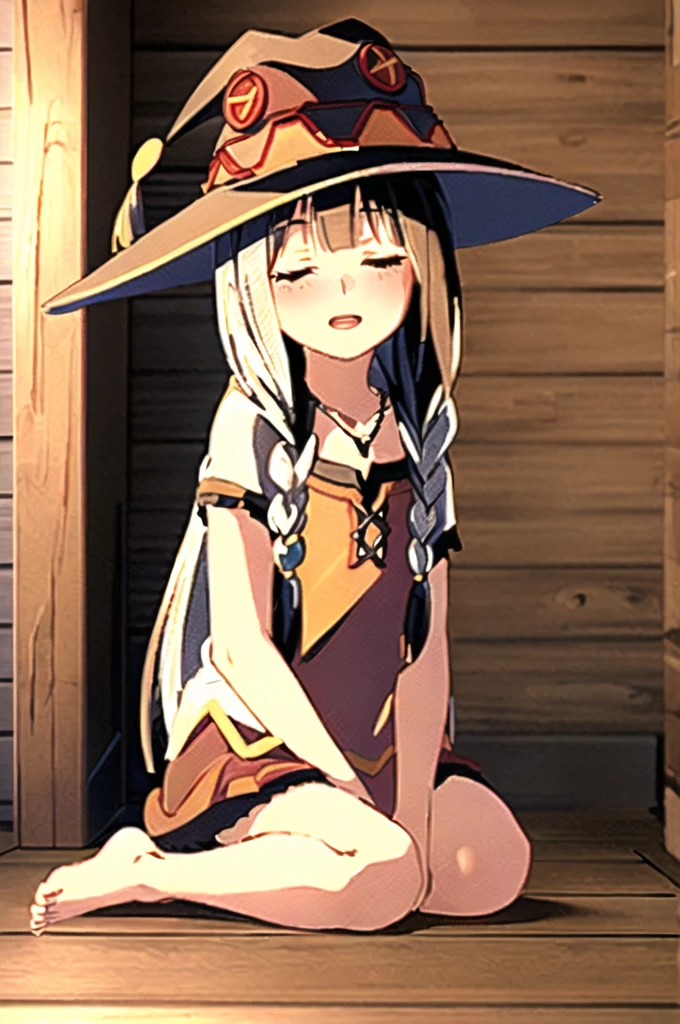((masterpiece)), (best quality), (ultra-detailed), photorealistic, (best illustration), ((an extremely delicate and beautiful)), 1girl, solo, long hair, tiger ears, white hair, two-tone hair, facing viewer, barefoot, megumin clothes, witch hat, megumin hat, closed eyes, short sleeves, indoors, low twin braids, twin braids, hair ornament, blush, head tilt, upper teeth, flat chest, young, aged down, happy, collarbone, necklace, hat, witch hat, megumin hat,