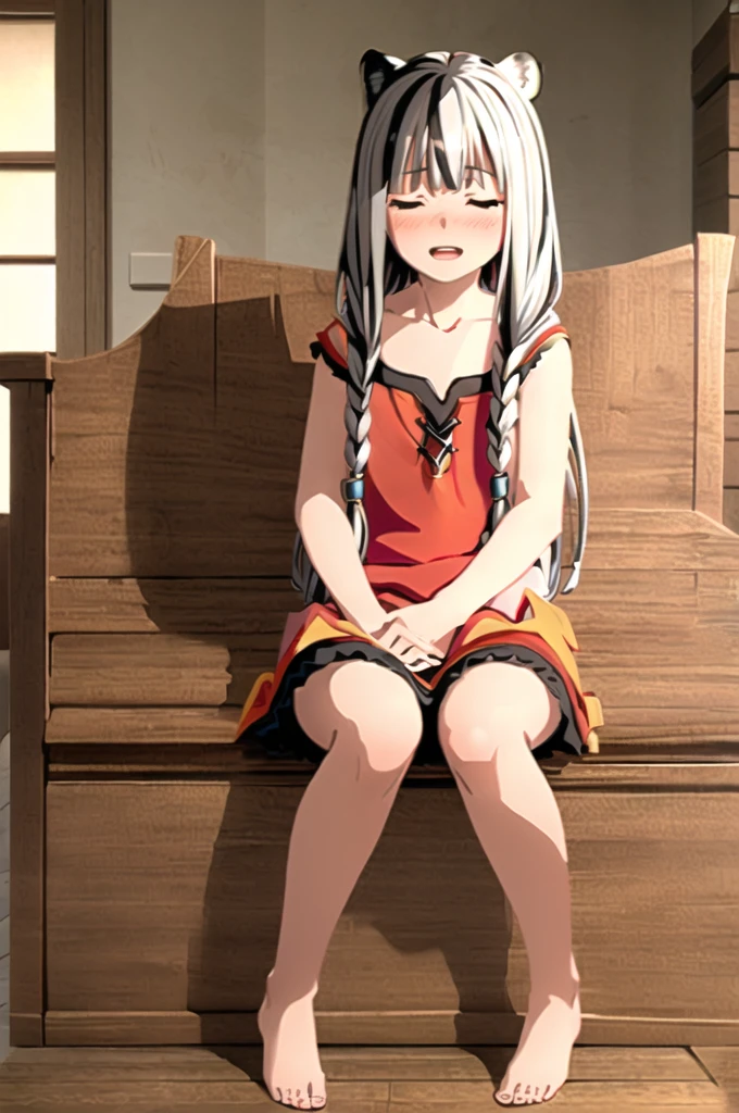 ((masterpiece)), (best quality), (ultra-detailed), photorealistic, (best illustration), ((an extremely delicate and beautiful)), 1girl, solo, long hair, tiger ears, white hair, two-tone hair, facing viewer, barefoot, megumin clothes, witch hat, megumin hat, closed eyes, short sleeves, indoors, low twin braids, twin braids, hair ornament, blush, head tilt, upper teeth, flat chest, young, aged down, happy, collarbone, necklace,  hat, witch hat, megumin hat,