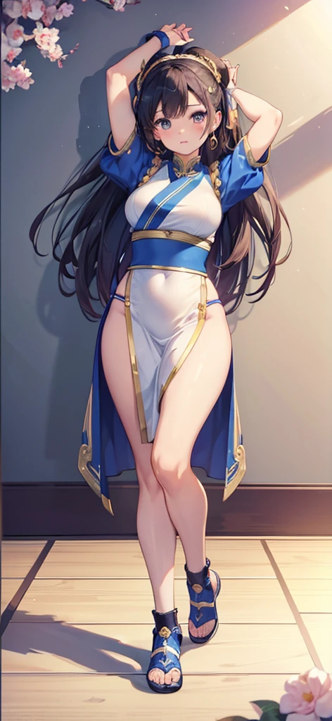 Chun-Li,((masterpiece)), ((best quality)), ((ultra detailed)), ((kawaii)), cute, (lovely), ((extremely detailed)), ((8K)), (beautiful), full body,solo, standing