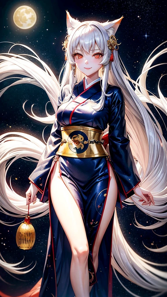 Kitsune girl,hime cut,silver eyes,gold darkblue and red tones japanese cloth, geisha dress theme sun&moon , traditional japanese , long white hair,silver fox ears, have kitsune tail, beautiful woman, silver eyes, elegant, young adult beautiful,night , starry night,sexy eyes,flirting,smile, erotic,nude, royal charm